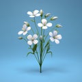 Blue background, with vase of white flowers in center. There are five white flowers arranged in vase, creating an