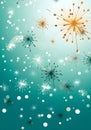 a blue background with white and gold fireworks. Abstract Turquoise stars background. Invitation and
