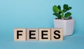 On a blue background, on wooden cubes near a plant in a pot, the word FEES is written Royalty Free Stock Photo