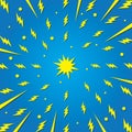 Blue background with yellow lightning bolts, illustrating sun rays. Abstract vector illustration with retro design, radiant energy Royalty Free Stock Photo