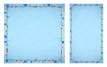 Blue backgrounds with lines of scratches on ice and frames of multi colored Christmas lights for garlands. Festive winter frosty