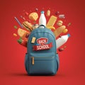 A blue backpack with a Back to School sign and lunch food exploding out Royalty Free Stock Photo