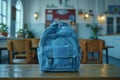 Blue Backpack on Classroom Desk in an Empty Schoolroom, Back to School Concept Royalty Free Stock Photo