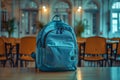 Blue Backpack on Classroom Desk in an Empty Schoolroom, Back to School Concept Royalty Free Stock Photo