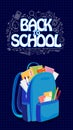Blue backpack on a dark background and white pencil elements Royalty Free Stock Photo
