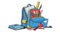 A blue backpack filled with school supplies like pencils, notebooks, rulers, scissors, an apple, and crayons for creative learning Royalty Free Stock Photo