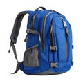 Blue Backpack with Grey Accents and Multiple Pockets on White Background rucksack Royalty Free Stock Photo