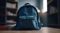 Blue backpack, housing school essentials, sits on a wooden table, against softly blurred bookshelves.