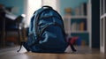 Blue backpack, housing school essentials, sits on a wooden table, against softly blurred bookshelves.