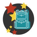 Blue backpack icon is isolated on a dark background. Red and yellow stars. School backpack or travel, walking, Hiking, camping