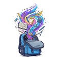 Blue backpack with open flap, from which various school supp Royalty Free Stock Photo