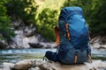 Blue Backpack Resting on a Rock by a River Royalty Free Stock Photo