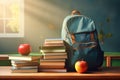 A blue backpack in school classroom on the desk. School stationery, red apple, books, notebooks. Preparation for school Royalty Free Stock Photo