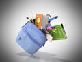 Blue backpack with school supplies 3d render on grey