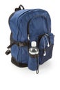 Blue backpack and water Royalty Free Stock Photo