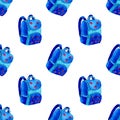 Blue backpack on white background. Seamless watercolor pattern for fabric, textile, wrapping paper. school time