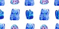 Blue backpack on white background. Seamless watercolor pattern for fabric, textile, wrapping paper.