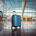Blue baggage in blurred typical airport interior, focus on bag, travel concept
