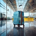 Blue baggage in blurred typical airport interior, focus on bag, travel concept