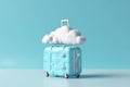 A blue baggage suitcase with cloud on blue background ready for going aboard and travel on holiday , Generative AI