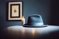 Blue bailey hat and candle, frame, dark blue background with Generative AI