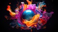 Blue ball in colorful dynamic explosion of ink paints in liquid texture and smoke splashes on black background abstract rainbow Royalty Free Stock Photo