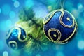 Blue ball ornament hanging on the pine leaf for decoration christmas tree with blur colorful light Royalty Free Stock Photo