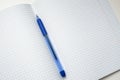 A blue ball pen lying on a blank checkered school notebook sheet , paper with copy space Royalty Free Stock Photo