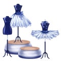 Blue ballet dance tutus, stage costumes. A skirt worn on a mannequin. A theatrical backstage, a shop window, an atelier, an outfit