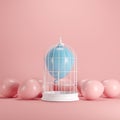 Blue balloon floating in white cage on pastel pink background.