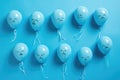 blue balloons on a blue background with a sad face drawn. AI Generated