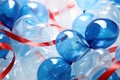 Blue balloons with red ribbons on a white background. 3d illustration. Generative AI Royalty Free Stock Photo