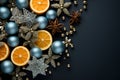 Blue banner with beautiful Christmas decorations, festive design with tangerines with place for text