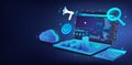 Blue banner with 3D laptop and graphic and charts Royalty Free Stock Photo