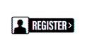 Blue banner register now. Glitch icon. Vector stock illustration. Royalty Free Stock Photo
