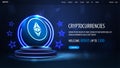 Blue banner for website with button, podium with neon rings on background and 3D coin of Ethereum on podium