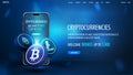 Blue banner for website with offer, smartphone and 3D cryptocurrency coins