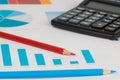 Blue bar charts with calculator and pencils 1 Royalty Free Stock Photo