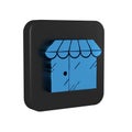 Blue Barbershop building icon isolated on transparent background. Black square button.