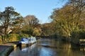 Blue barge moored on the Lancaster Canal