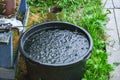 A blue barrel for collecting rainwater. Collecting rainwater in plastic container. Collecting rainwater for watering the Royalty Free Stock Photo