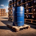 Blue barrel drum for liquid chemical storage in warehouse inventory