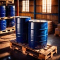 Blue barrel drum for liquid chemical storage in warehouse inventory