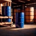 Blue barrel drum for liquid chemical storage in warehouse inventory