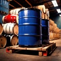 Blue barrel drum for liquid chemical storage in warehouse inventory