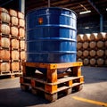 Blue barrel drum for liquid chemical storage in warehouse inventory