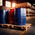 Blue barrel drum for liquid chemical storage in warehouse inventory