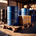 Blue barrel drum for liquid chemical storage in warehouse inventory