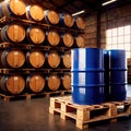 Blue barrel drum for liquid chemical storage in warehouse inventory