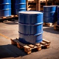 Blue barrel drum for liquid chemical storage in warehouse inventory